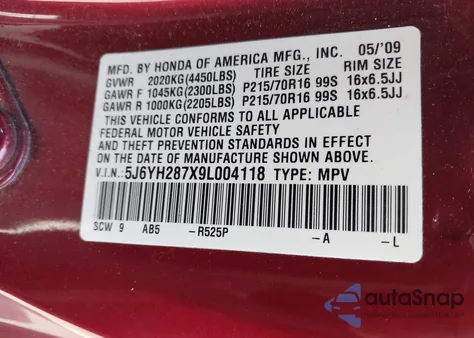 2009 Honda Element Ex from USA, damaged, VIN 5J6YH287X9L004118